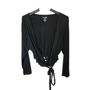 Wool& Black Merino Wool Cropped Wrap Top Womens 3X Tie Front Lightweight